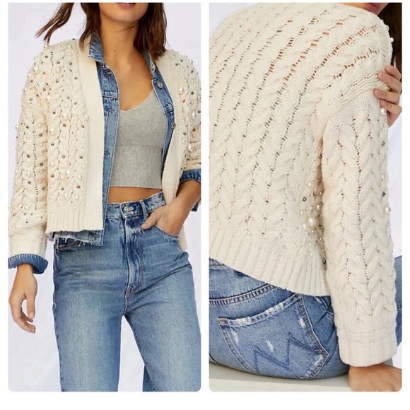NWT Maeve‎ Anthropologie Party Pearl Embellished Knit Cream Open Cardigan OS - Picture 1 of 8
